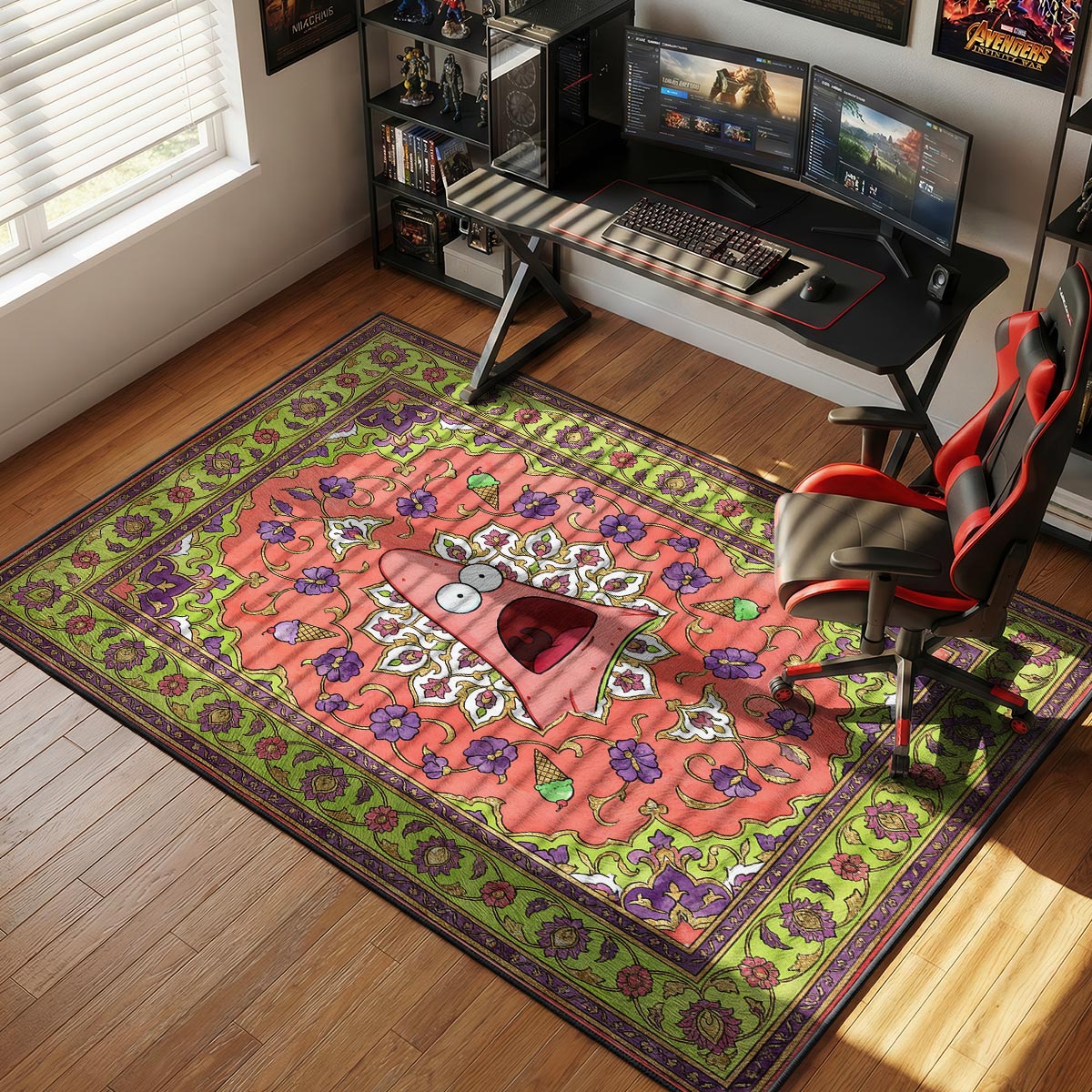 Patrick Star cartoon rug in a bright kids bedroom with colorful bedding and shelves