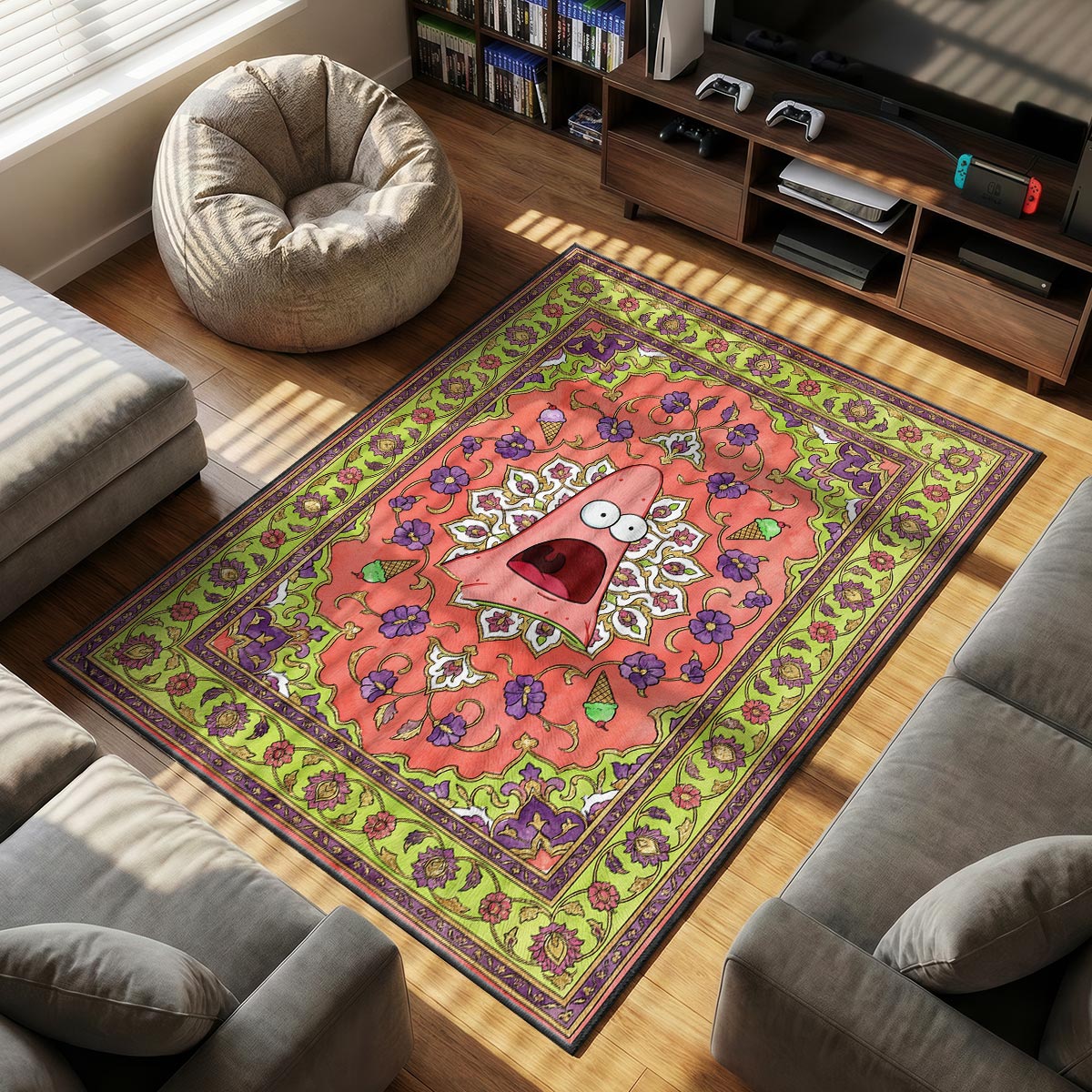 Close-up of Patrick Star rug showing purple floral border detail on plush surface