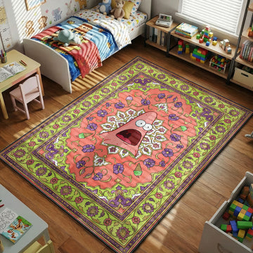 Patrick Star surprised face SpongeBob area rug on coral pink and lime floral background