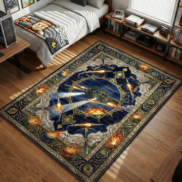 Rust Patrol Helicopter firing rockets and searchlights over burning crates tarot card art style gaming area rug and floor mat