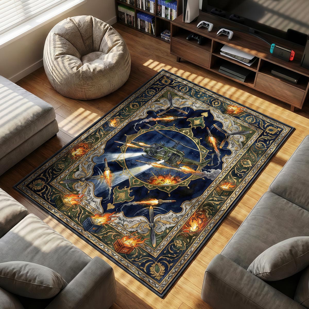 Patrol Helicopter Night Raid Rug - Rust Chair Mat