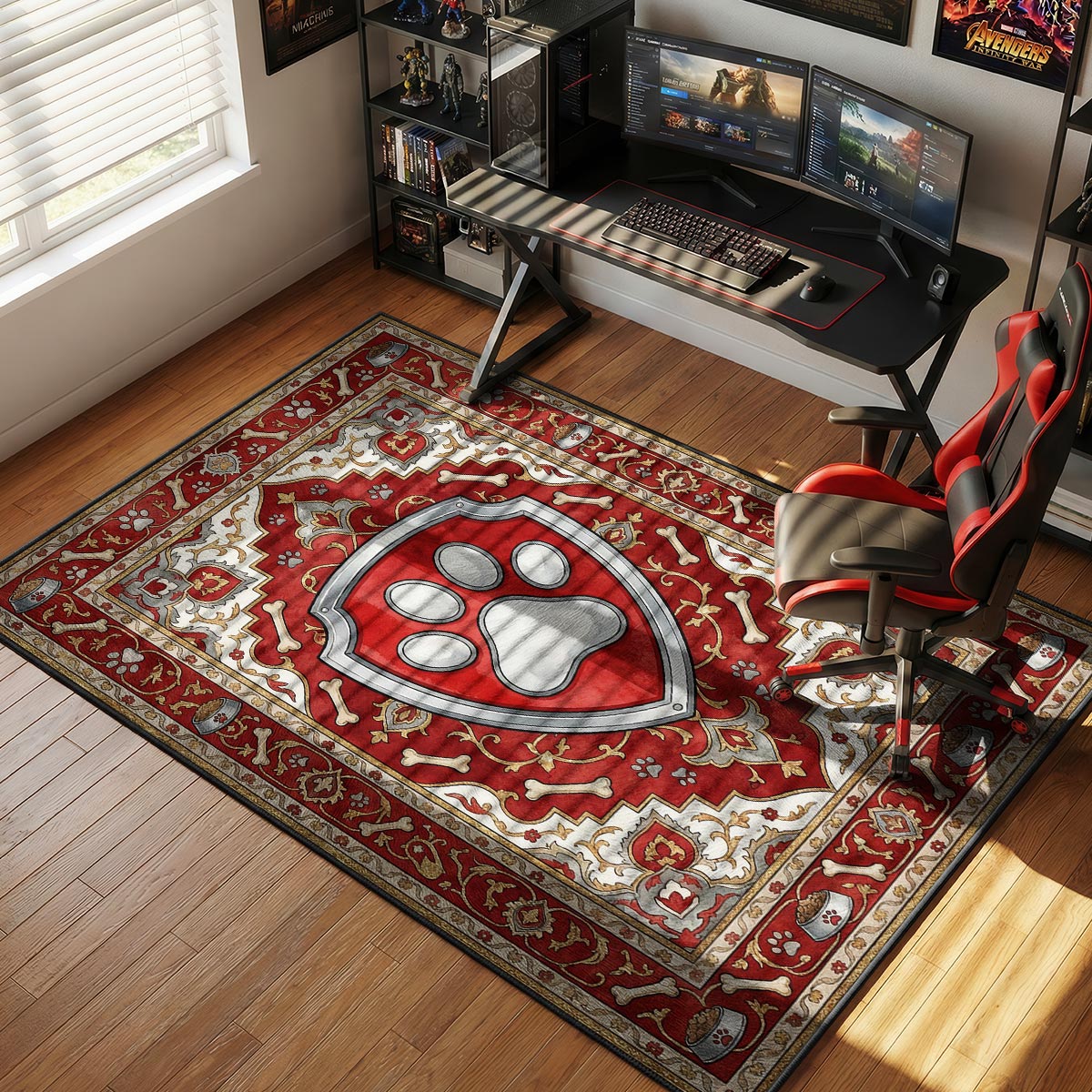 PAW Patrol badge rug placed in a kids' shared bedroom with warm red accents and wood floor