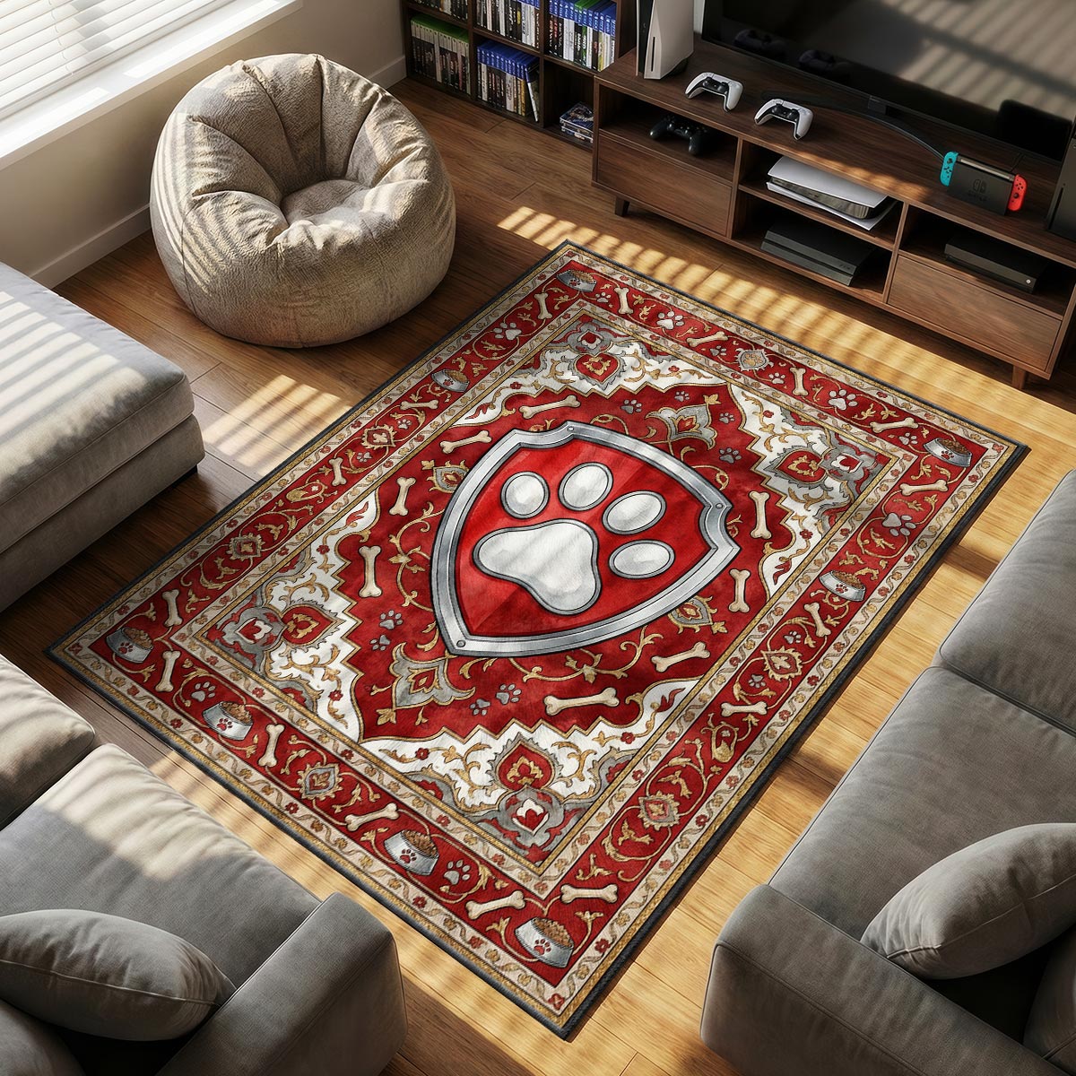 Close-up of PAW Patrol badge area rug showing silver shield detail and red velvet fiber texture