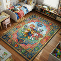 PAW Patrol full team kids area rug with badge shields on bright blue pink green tapestry