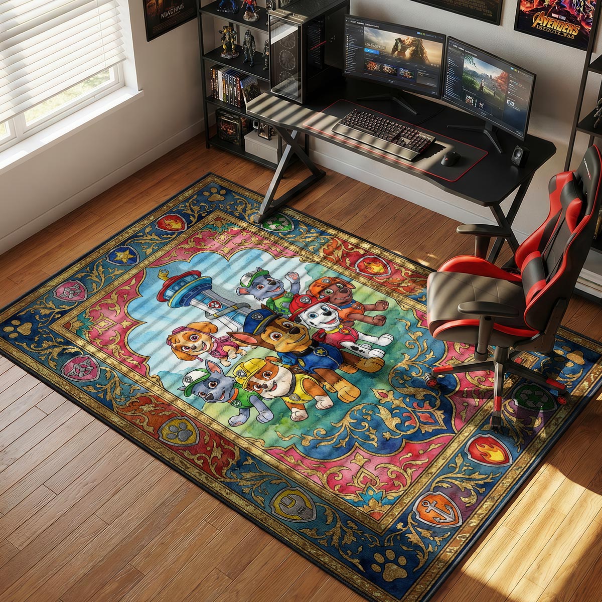 PAW Patrol bright team rug in a sunny playroom with white shelves and colorful toy boxes