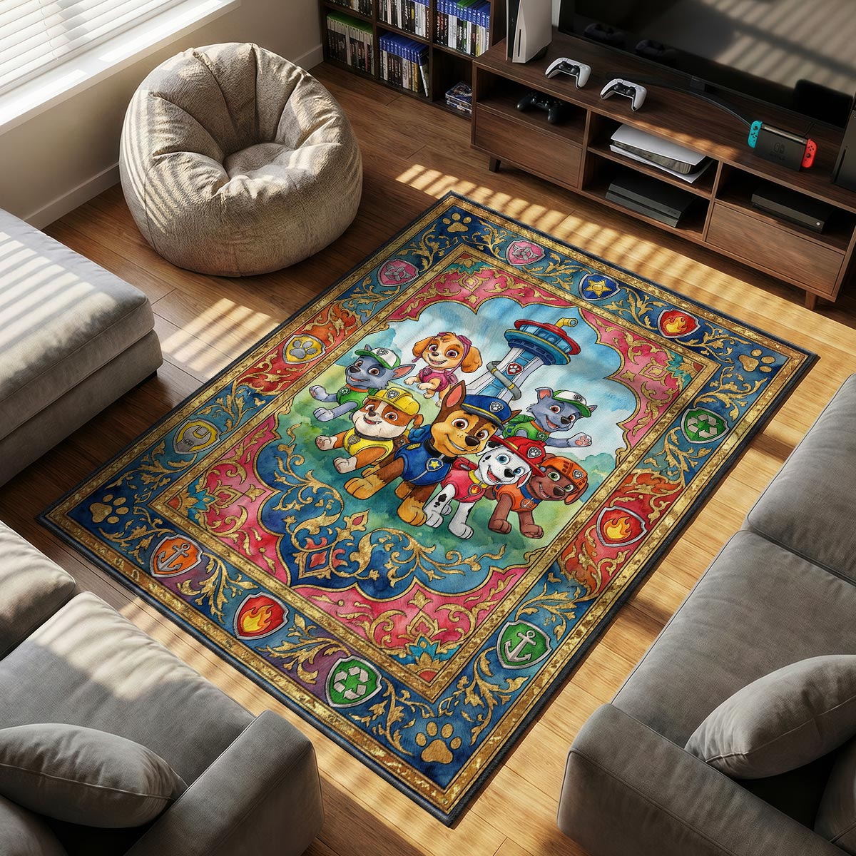 Close-up of PAW Patrol bright team rug showing pup badge shield border and velvet fiber detail