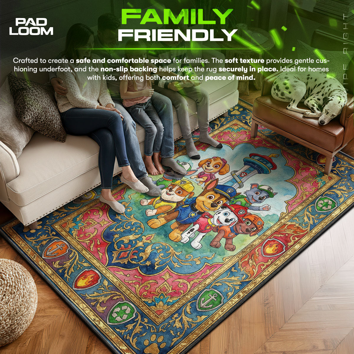 Playroom character design printed on rug