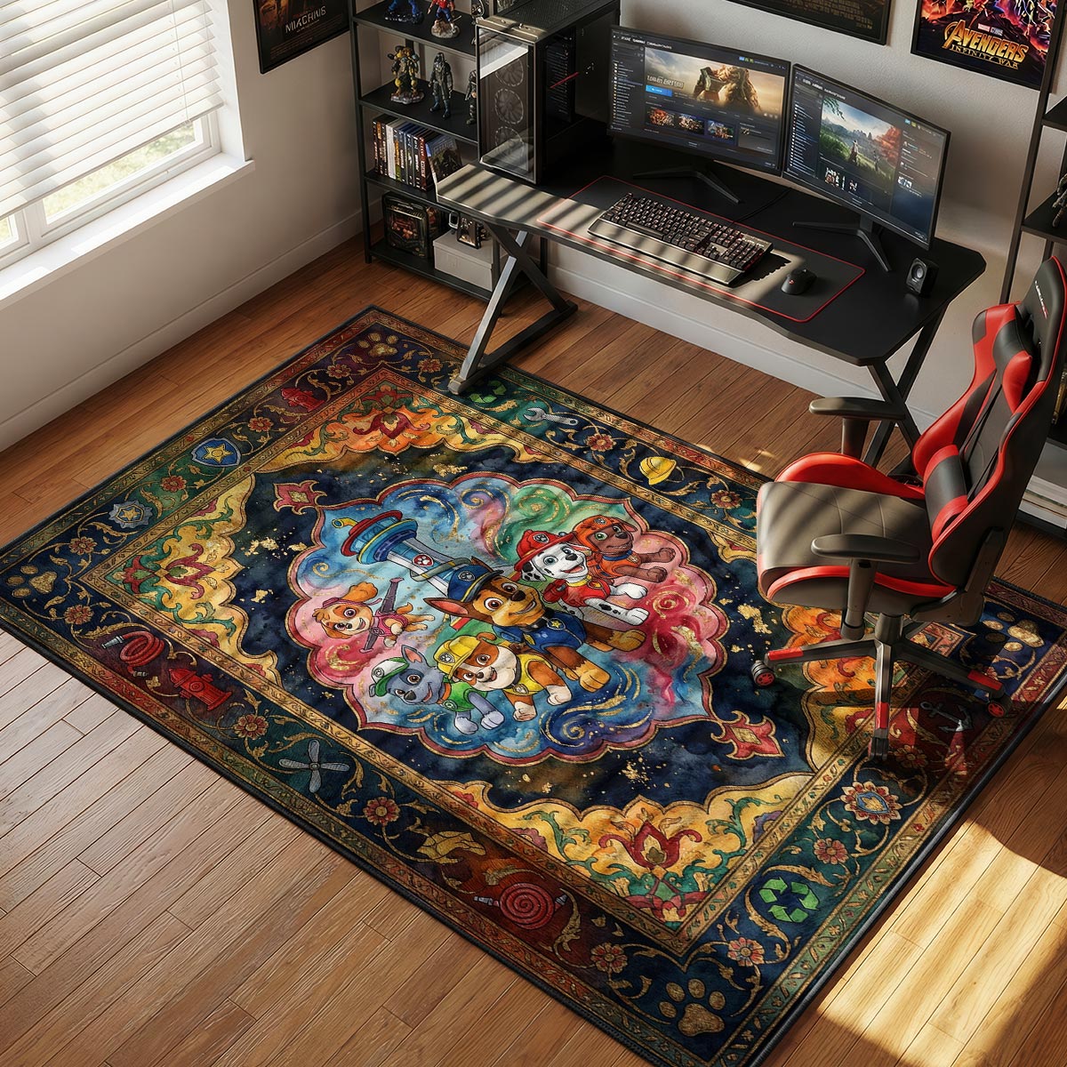 PAW Patrol team rug placed in a colorful playroom with toy bins and kid-sized furniture