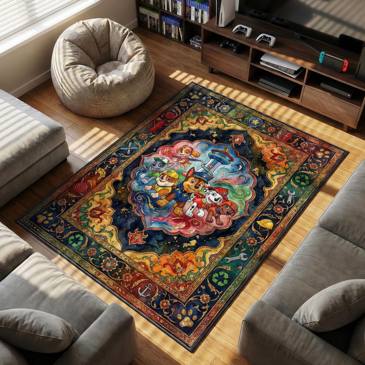 Close-up of PAW Patrol team area rug showing pup gear border and vivid dye-sublimation detail