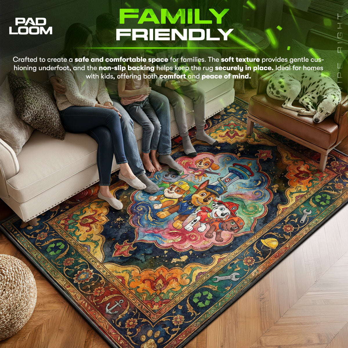 Playroom character design printed on rug