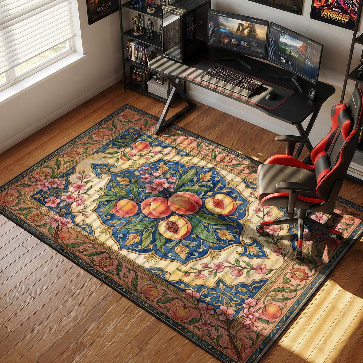 Peach blossom kitchen rug on cream tile floor near a bright window and fresh fruit basket