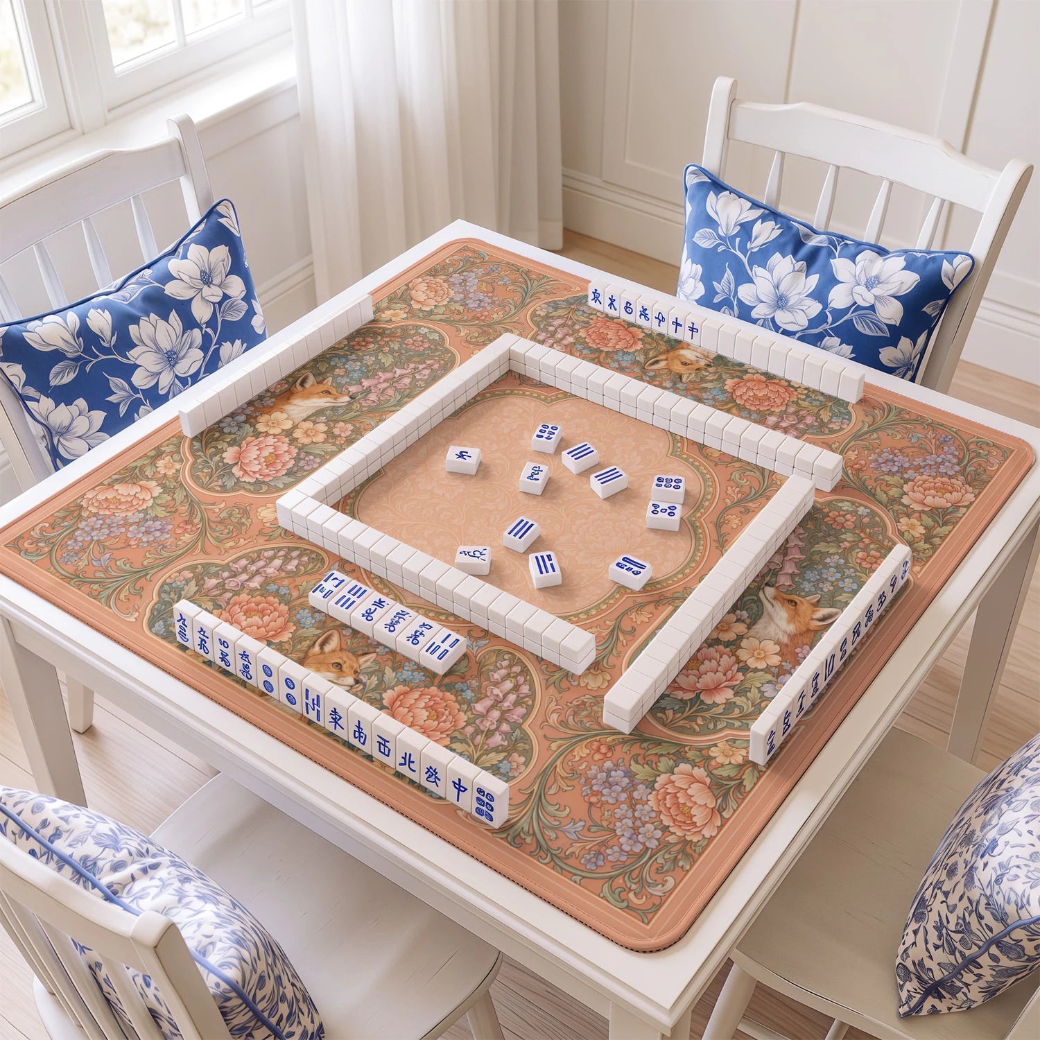 Peach Fox mahjong mat with tiles and racks on the table