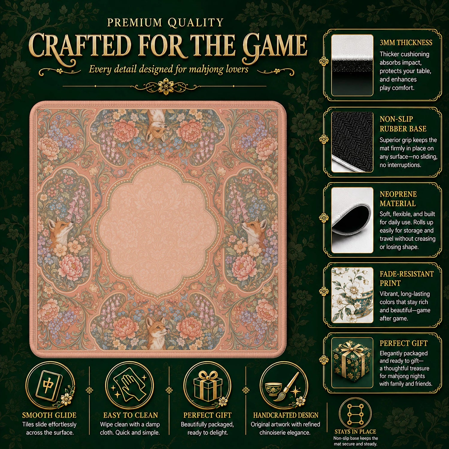 Peach Fox Mahjong Mat – neoprene mah jongg table mat