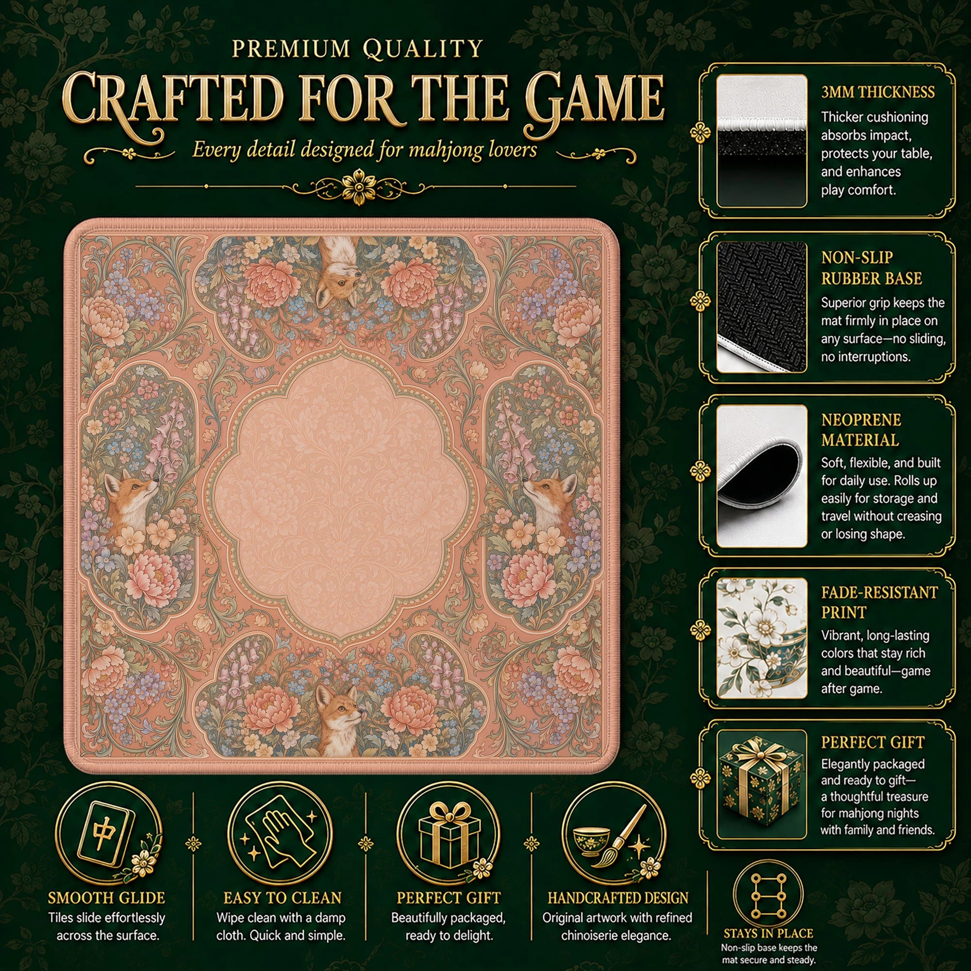 Peach Fox Mahjong Mat – neoprene mah jongg table mat