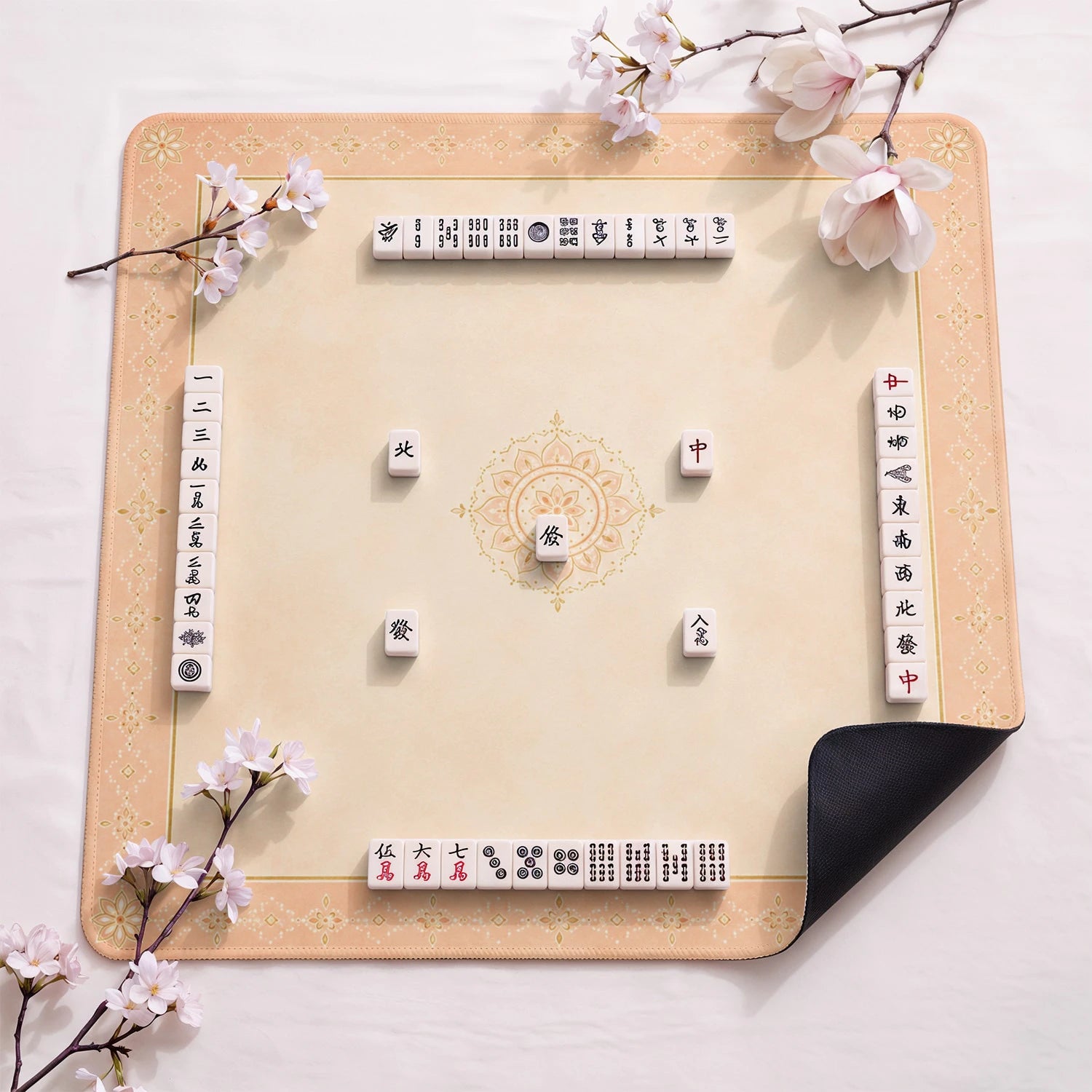 Peach Mandala design close-up on mahjong mat surface