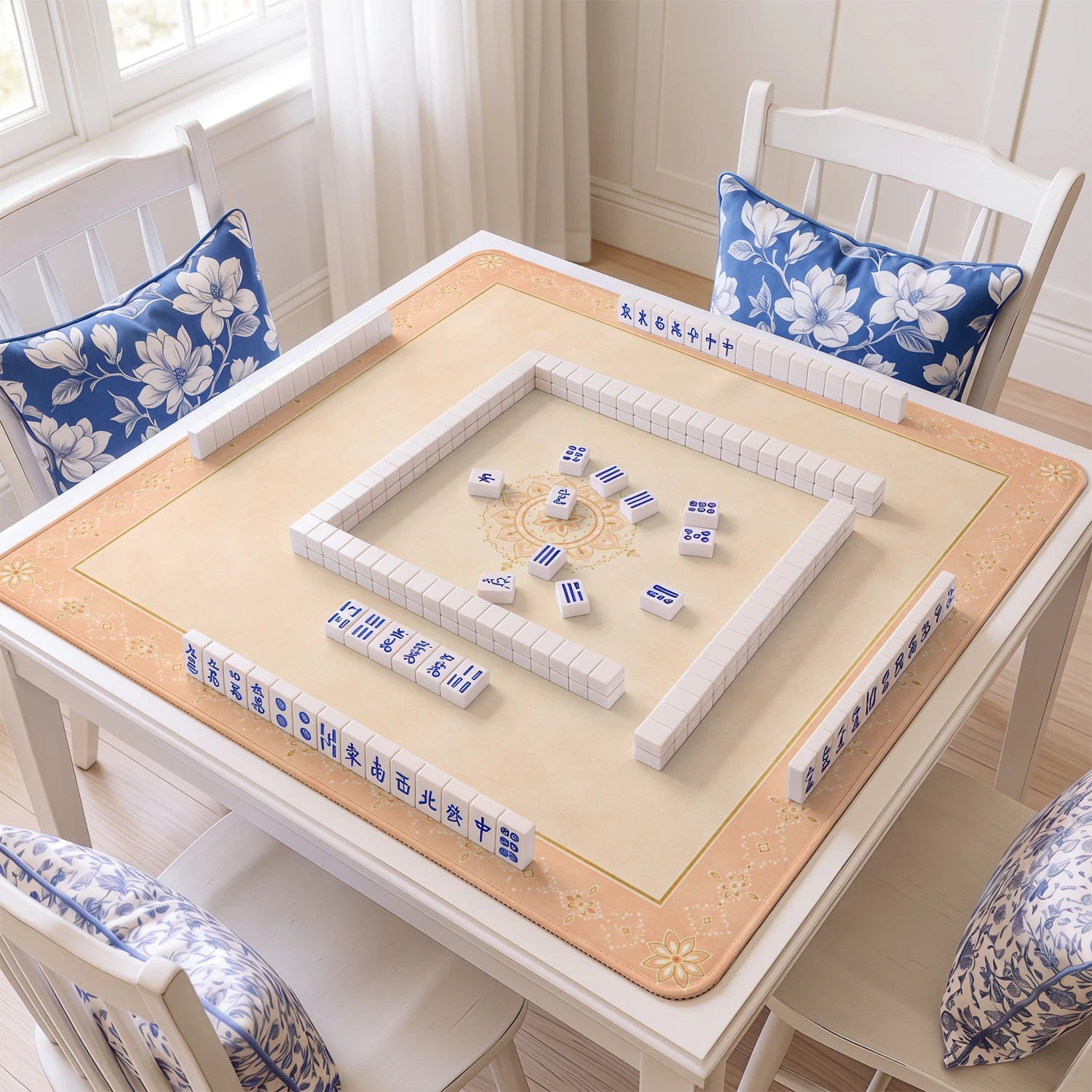 Peach Mandala mahjong mat with tiles and racks on the table