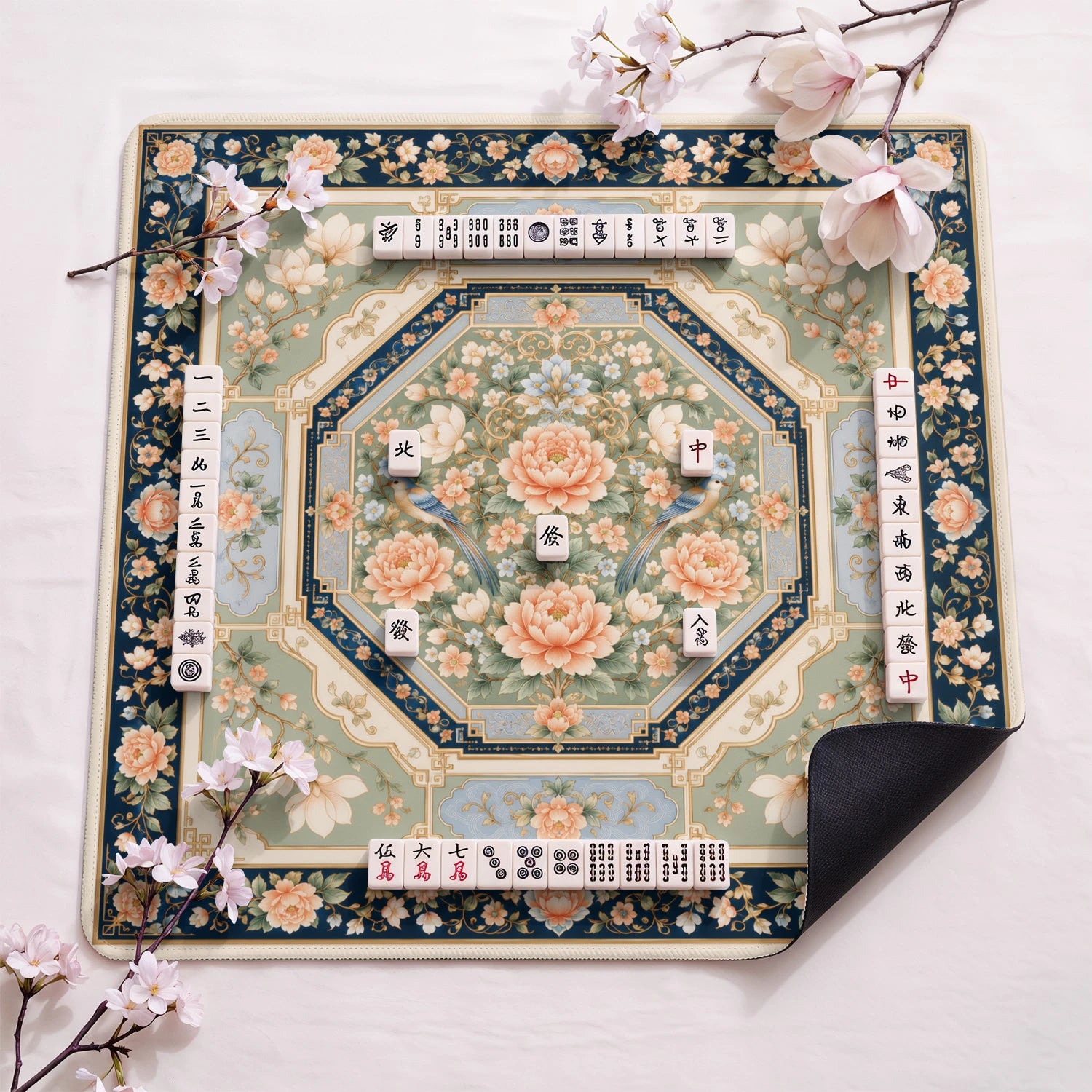 Peach Peony Aviary design close-up on mahjong mat surface