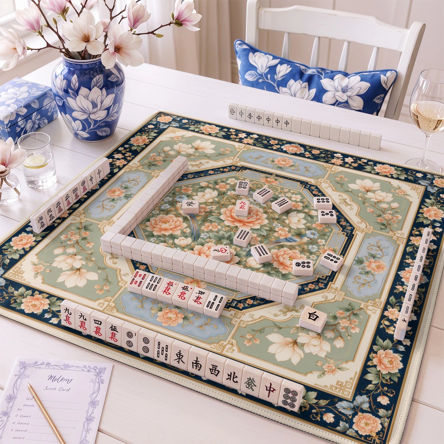 Peach Peony Aviary mahjong mat – M (60x60 cm) and L (81x81 cm) sizes