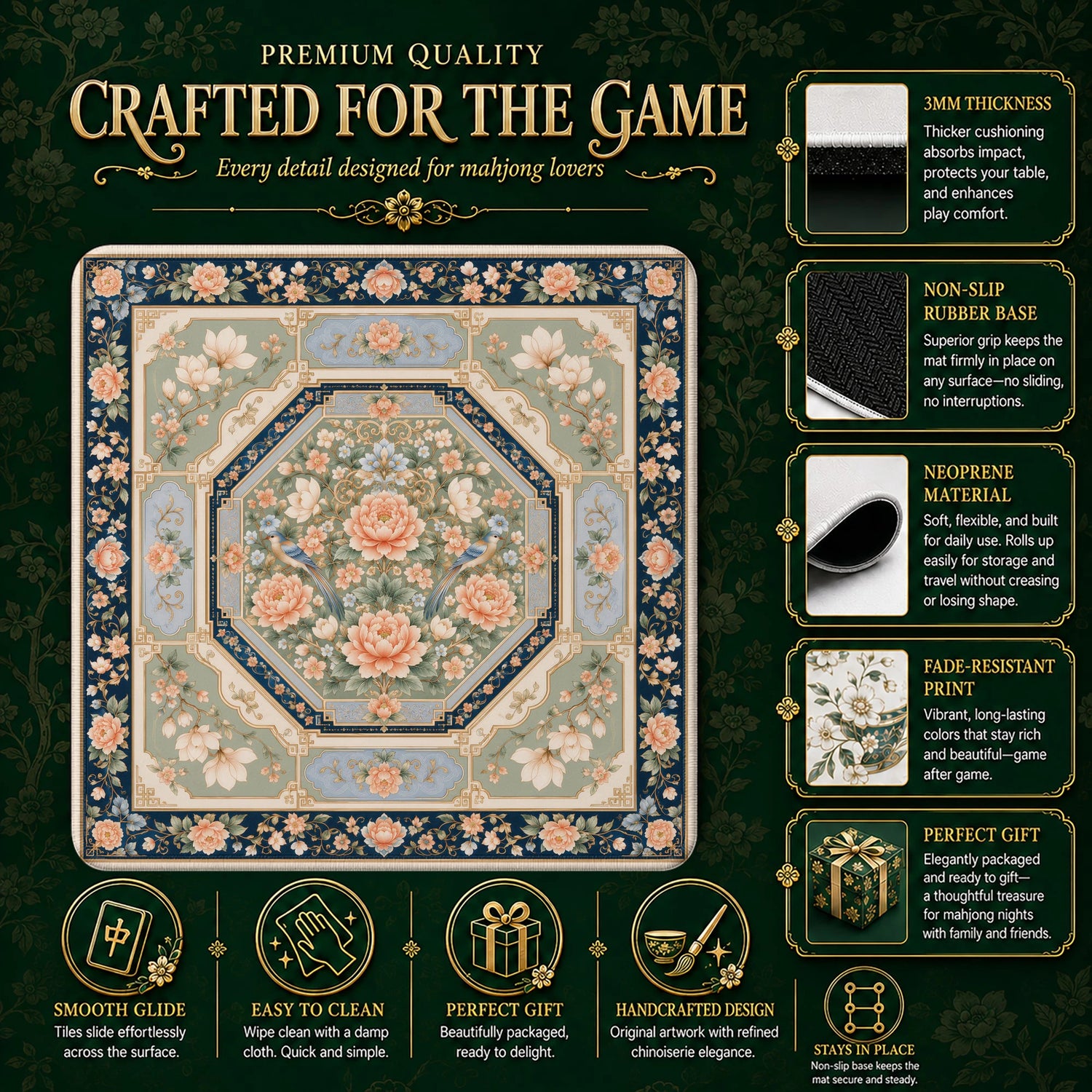 Peach Peony Aviary mahjong mat – M (60x60 cm) and L (81x81 cm) sizes
