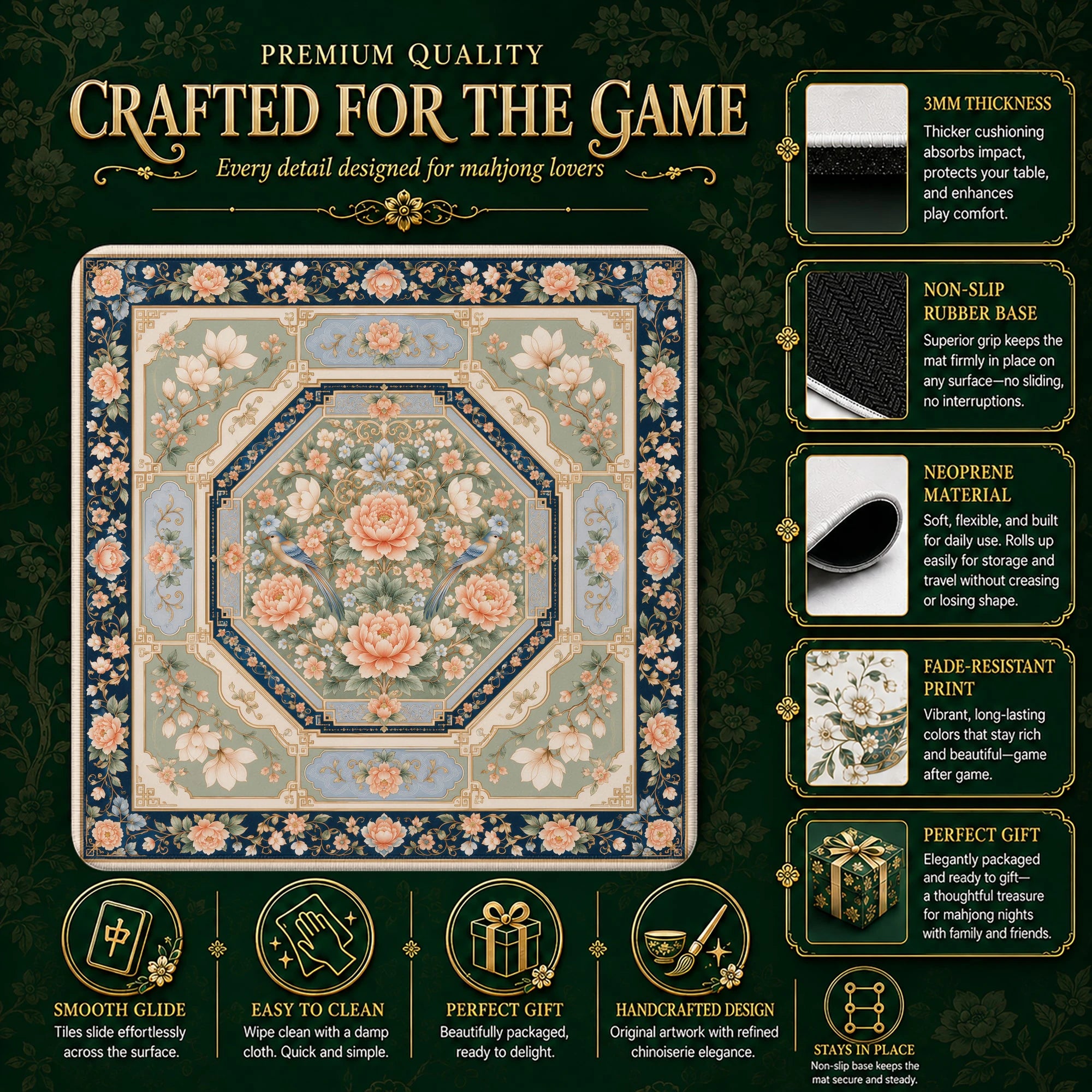 Peach Peony Aviary mahjong mat – M (60x60 cm) and L (81x81 cm) sizes