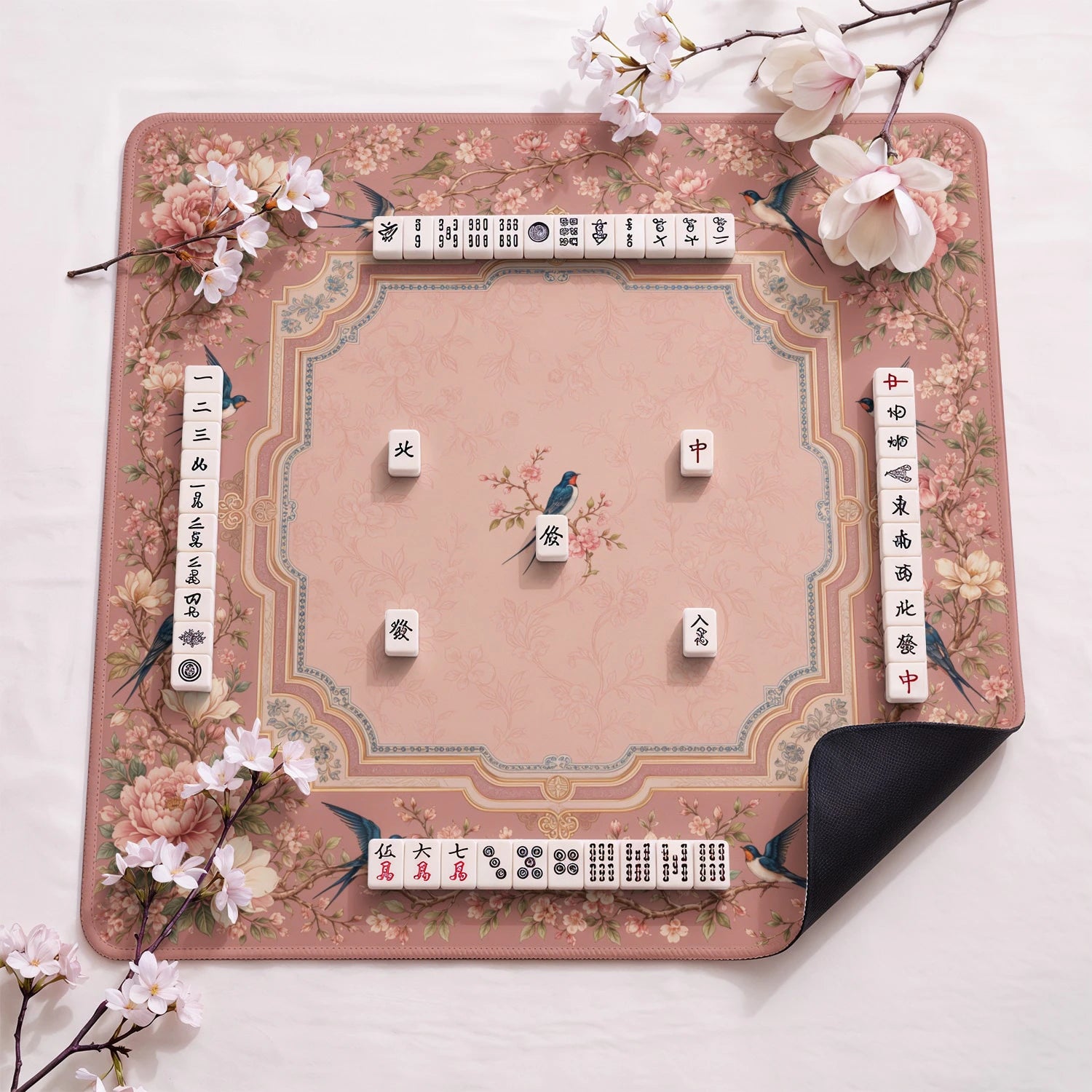 Peach Peony design close-up on mahjong mat surface