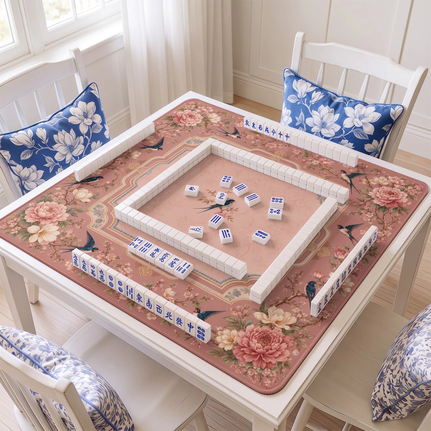 Peach Peony mahjong mat with tiles and racks on the table