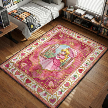 Princess Peach holding a parasol in a window frame surrounded by pink hearts and crowns Persian style gaming area rug and floor mat