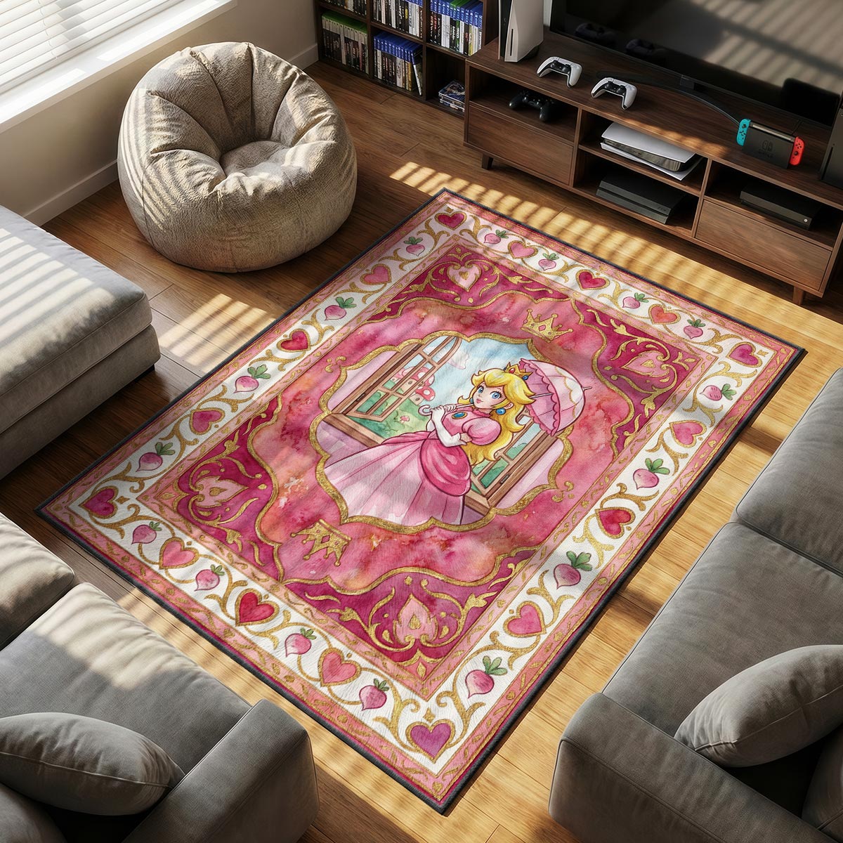 Princess Peach themed area rug for home decor fans