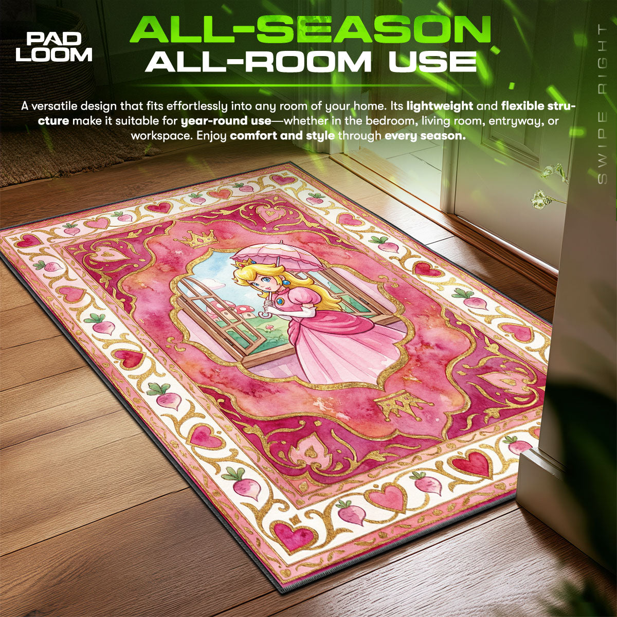 Princess Peach Royal Heart Super Mario Chair fan rug — premium quality print