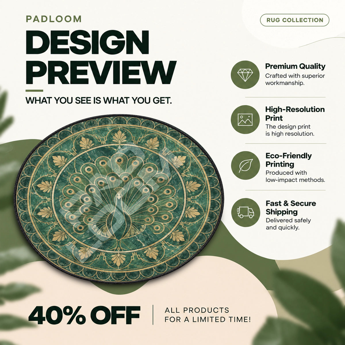 Peacock Emerald mandala round rug full design preview