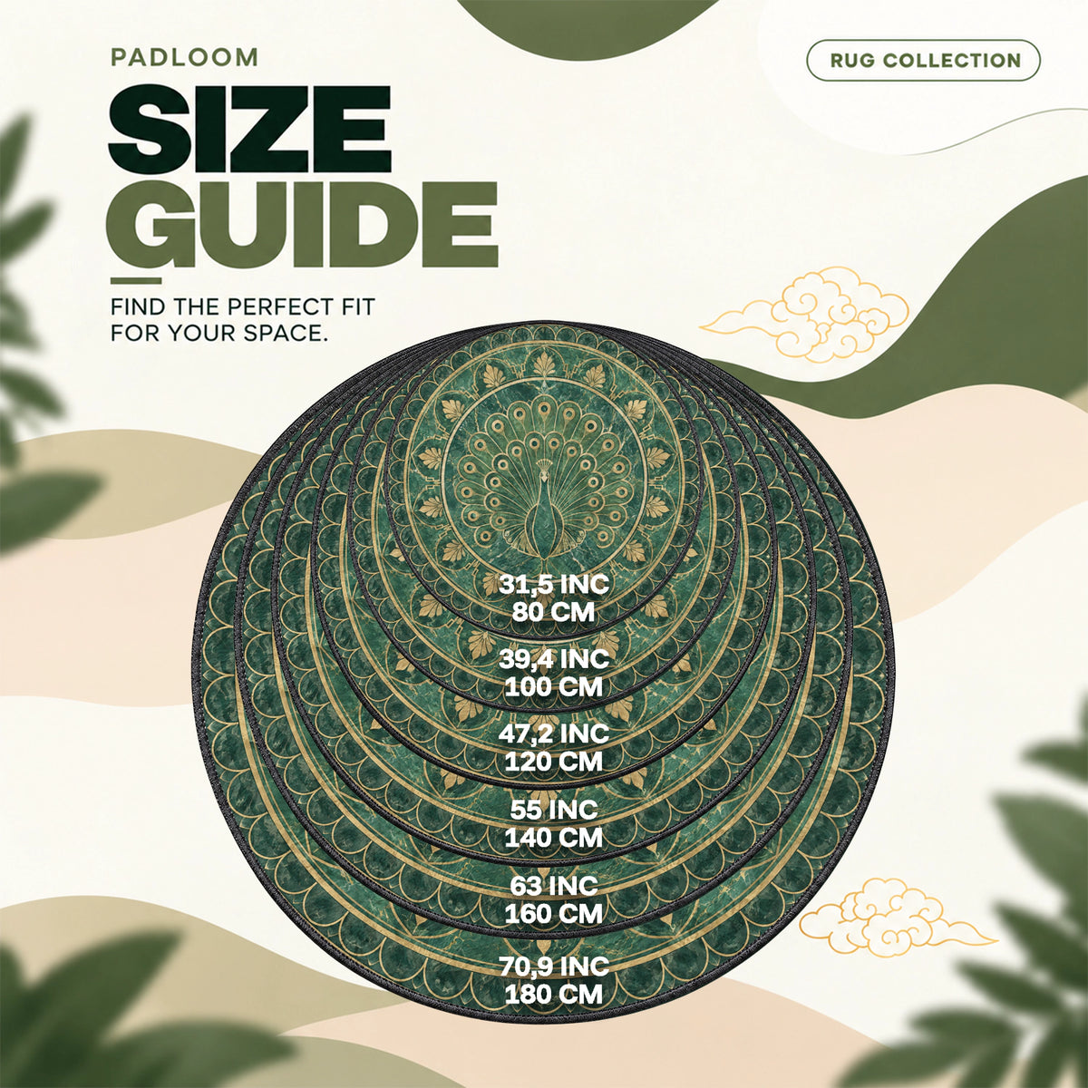 Peacock Emerald round rug size guide, 80 to 180 cm (31.5 to 70.9 in)