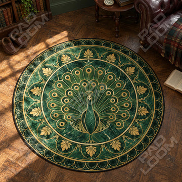 Peacock Emerald mandala round rug in a styled room - mandala circle area rug