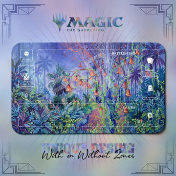 Peacock Jungle MTG playmat, blue art with play zones, 24 x 14 in