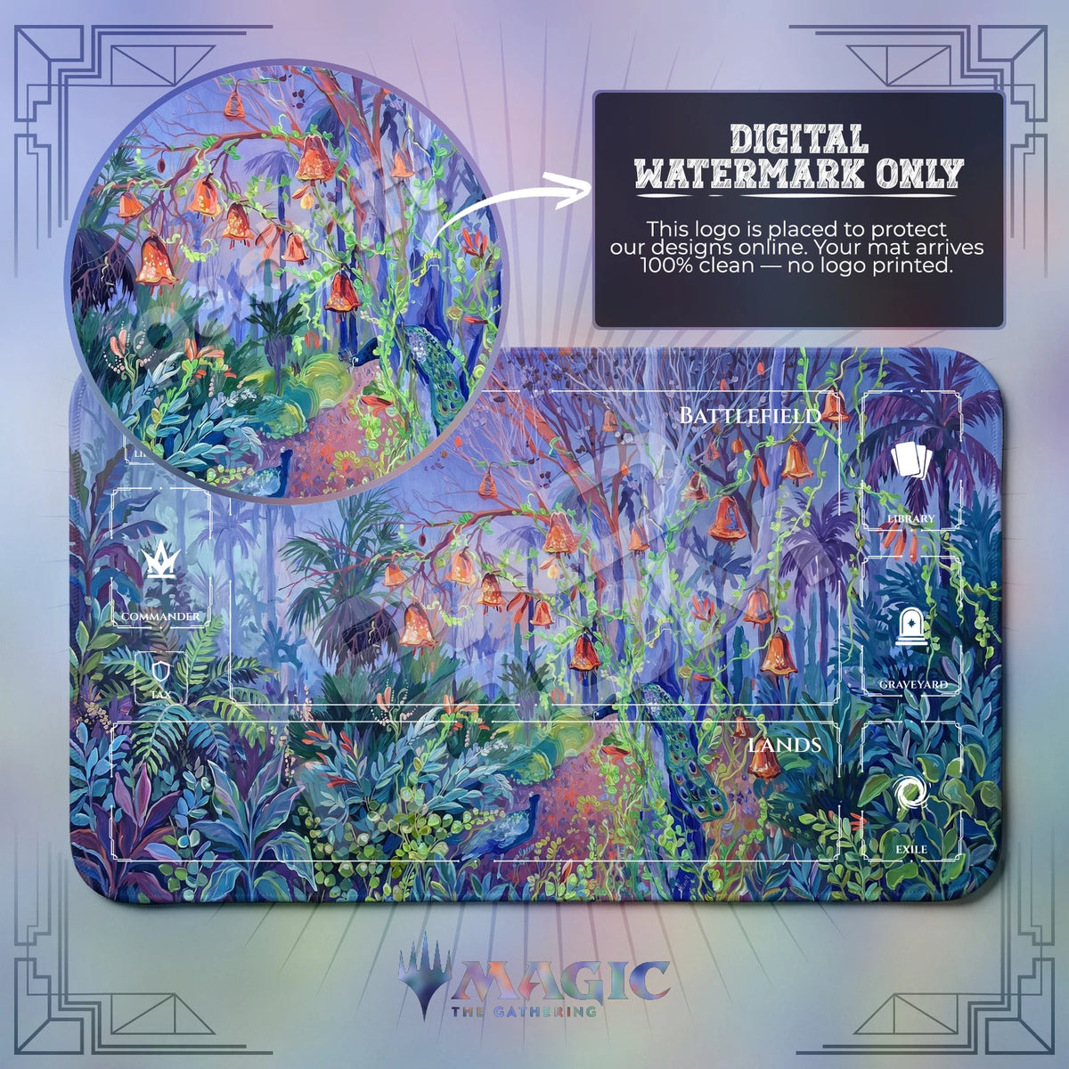 Peacock Jungle MTG playmat with zones; the Padloom watermark is digital only, not printed