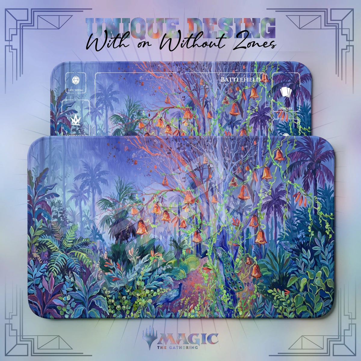 Peacock Jungle MTG playmat shown with zones and without zones