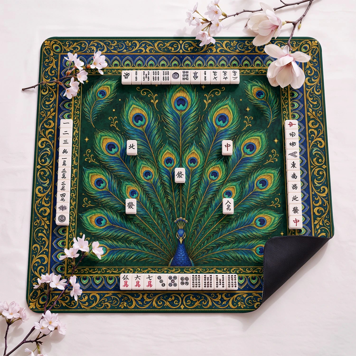Peacock design close-up on mahjong mat surface