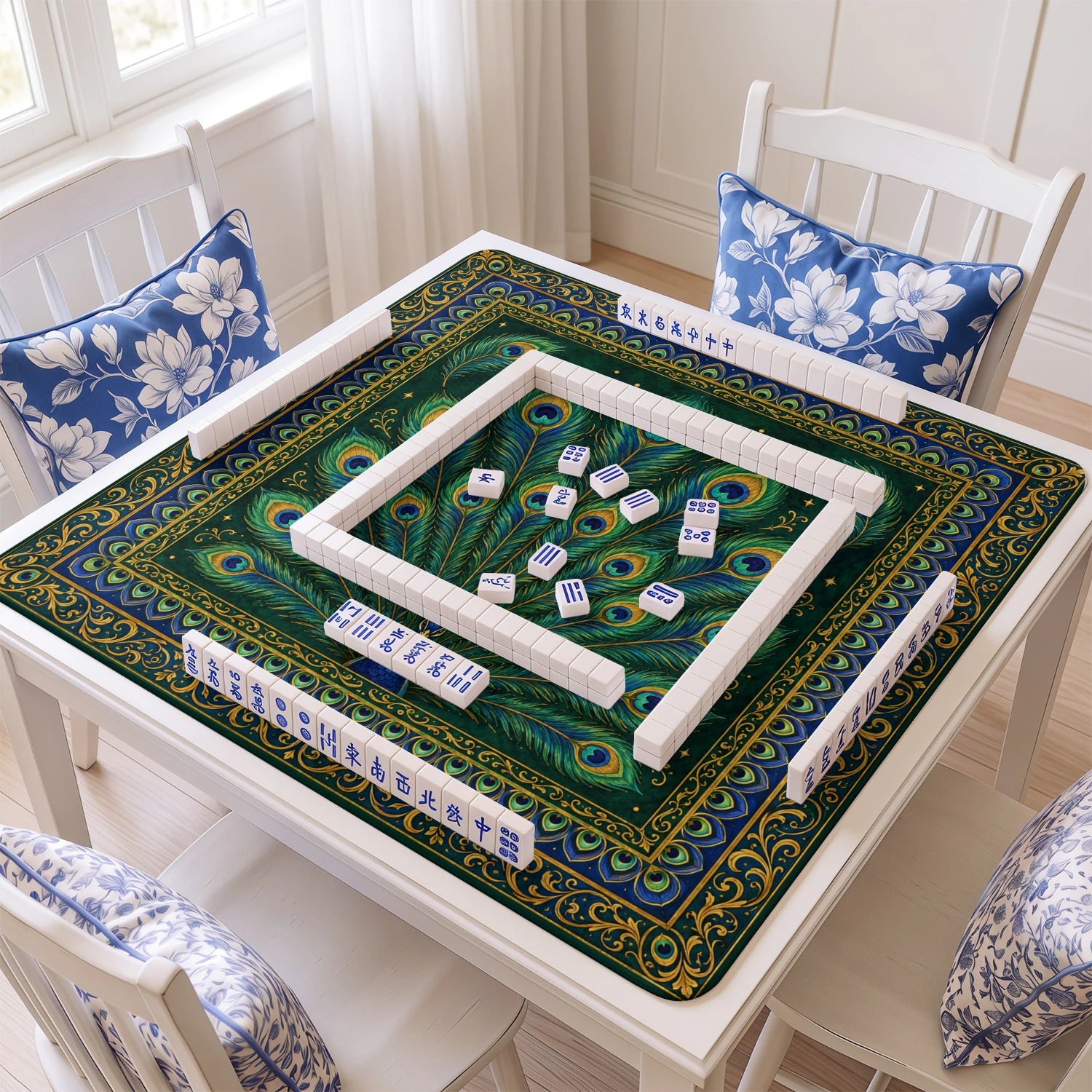 Peacock mahjong mat with tiles and racks on the table