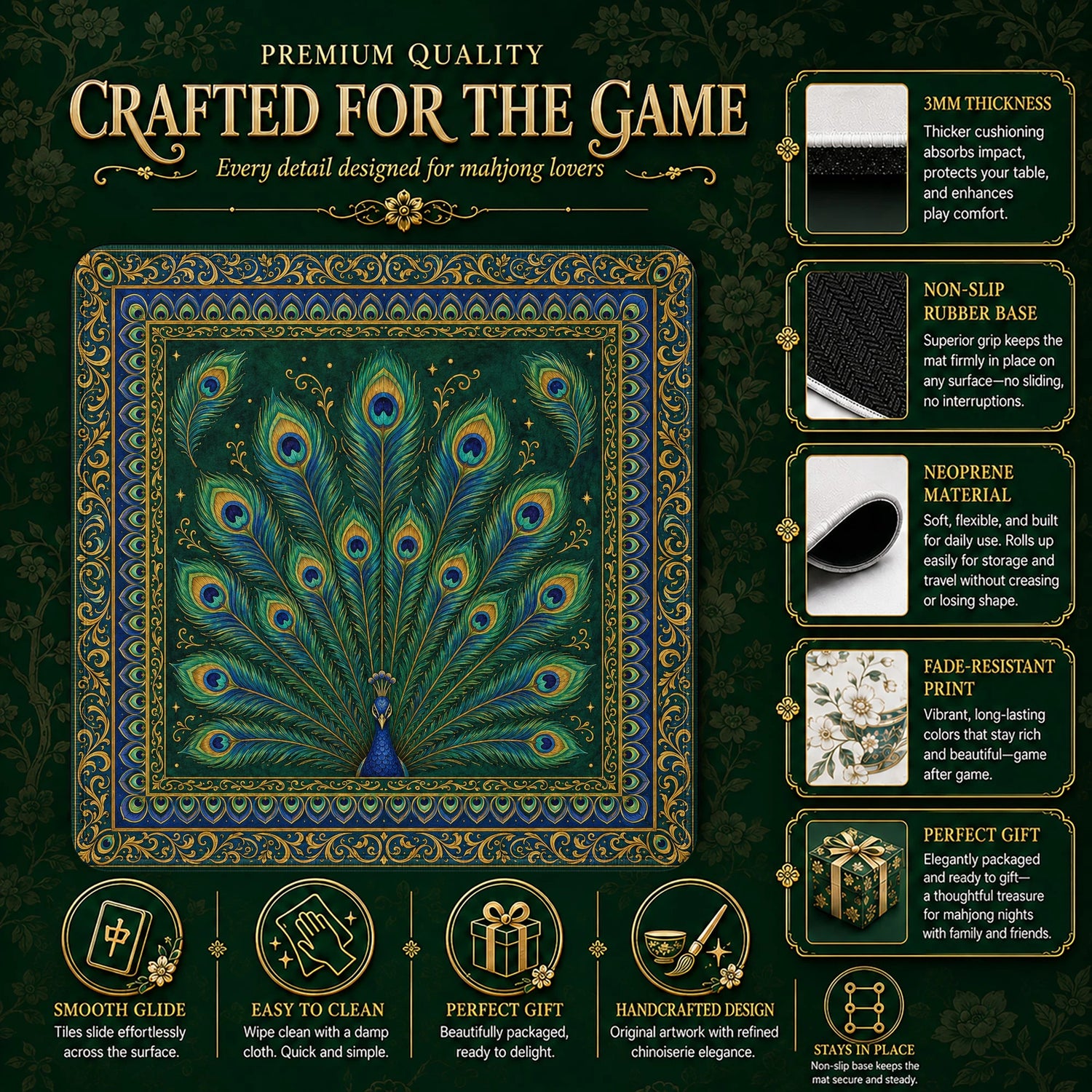 Peacock Mahjong Mat – neoprene mah jongg table mat