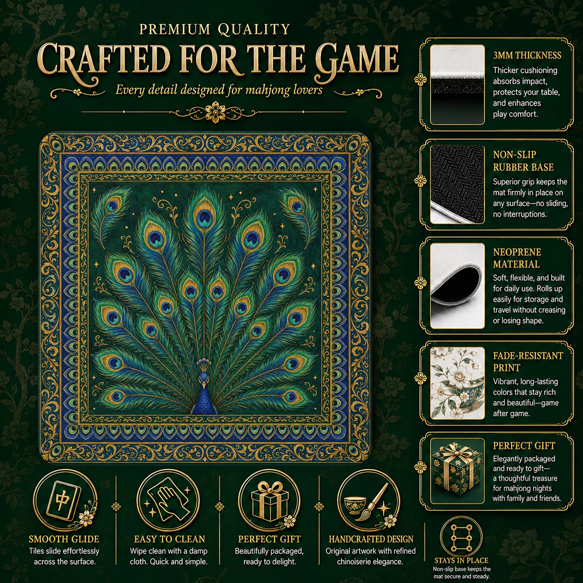 Peacock Mahjong Mat – neoprene mah jongg table mat