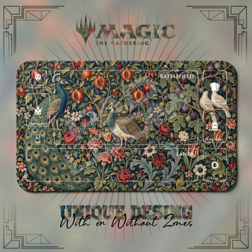 Peacock Pomegranate MTG playmat, yellow and gray art with play zones, 24 x 14 in