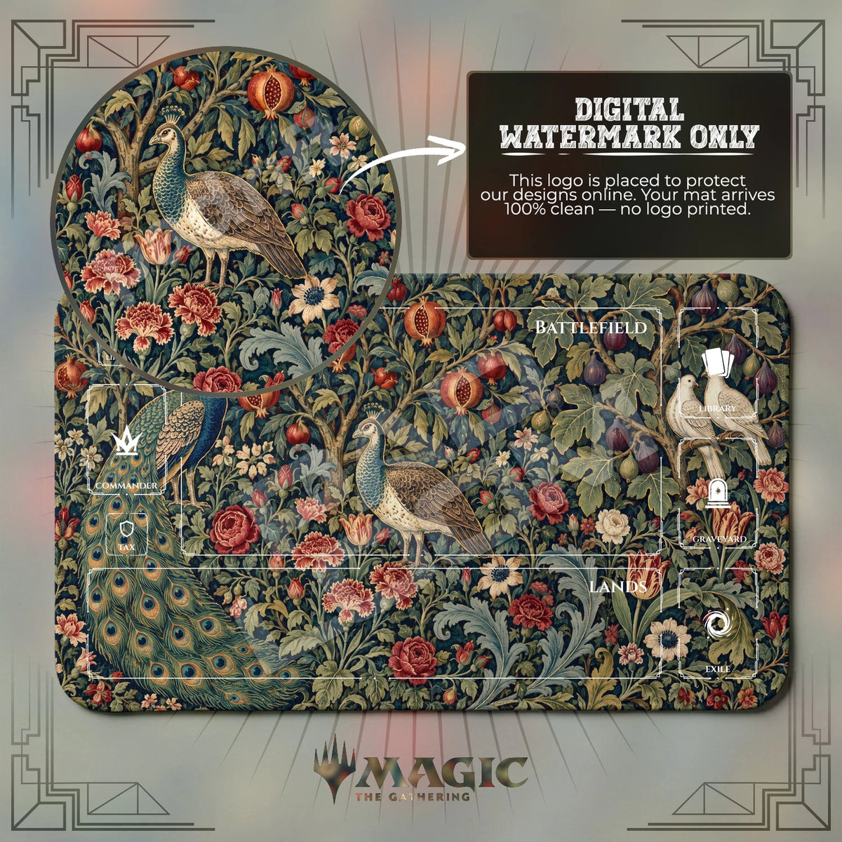 Peacock Pomegranate MTG playmat with zones; the Padloom watermark is digital only, not printed