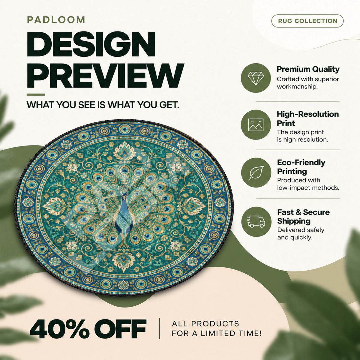 Pfau Saphir runder Teppich – Designvorschau