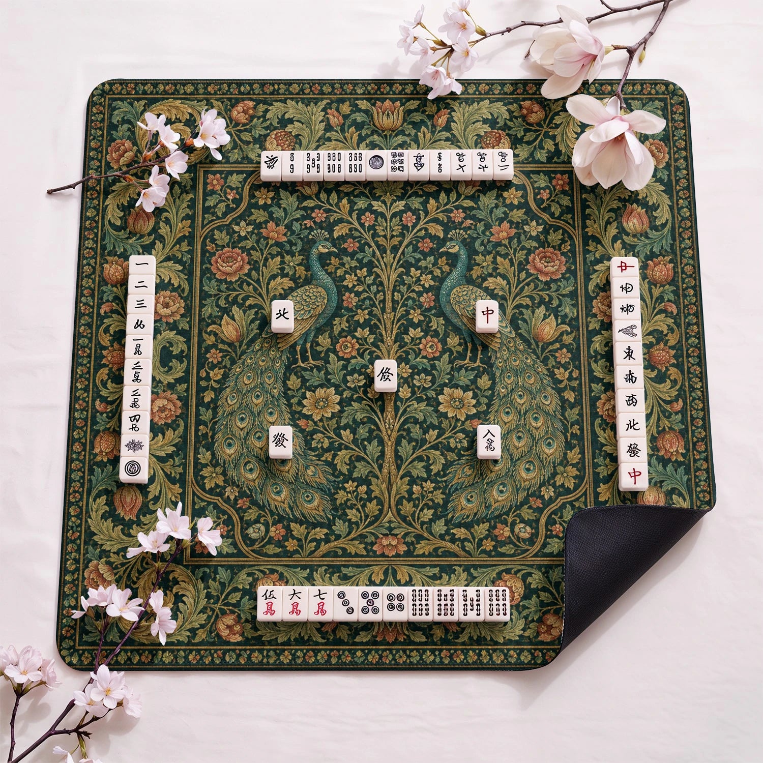Peacock Tapestry design close-up on mahjong mat surface
