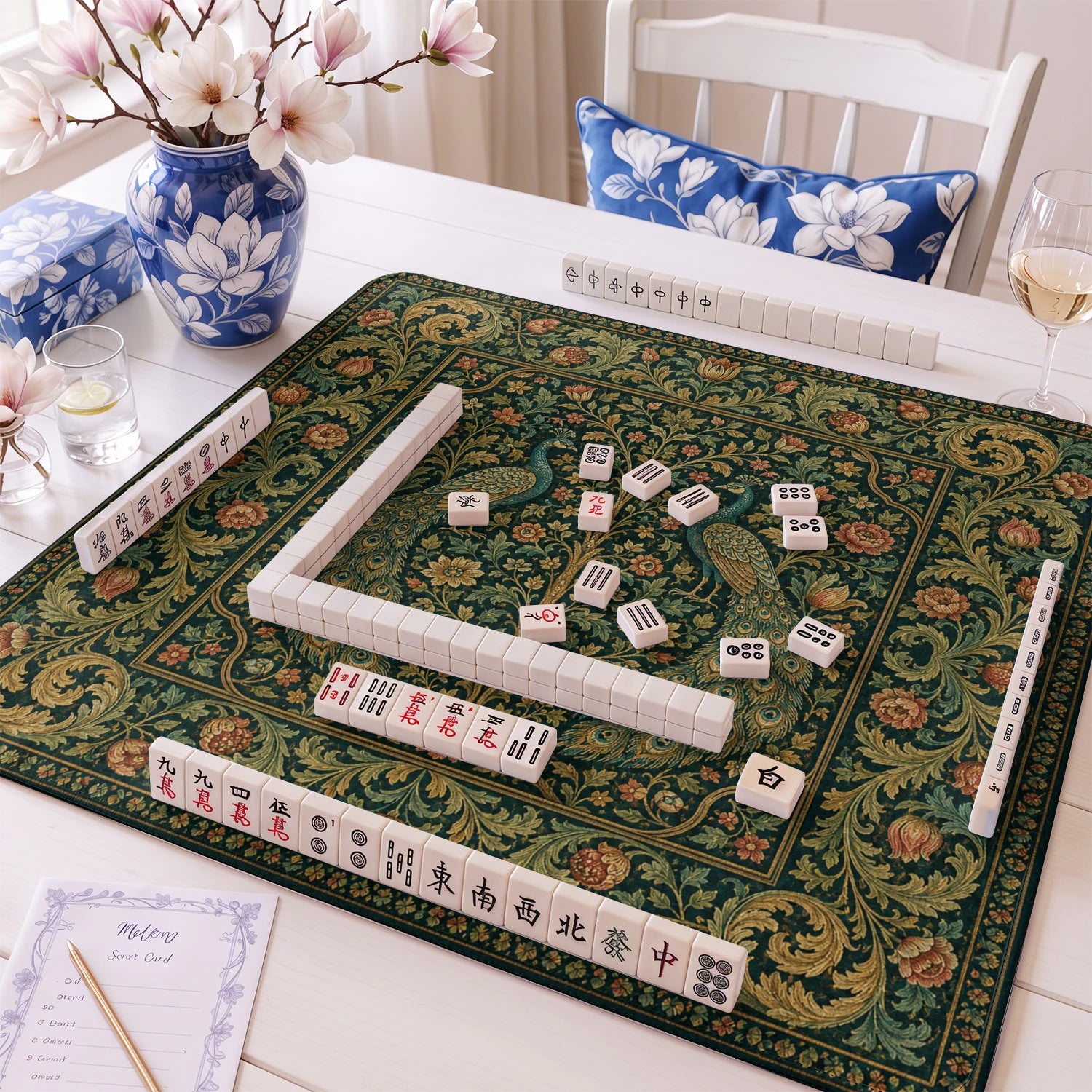 Peacock Tapestry mahjong mat – M (60x60 cm) and L (81x81 cm) sizes