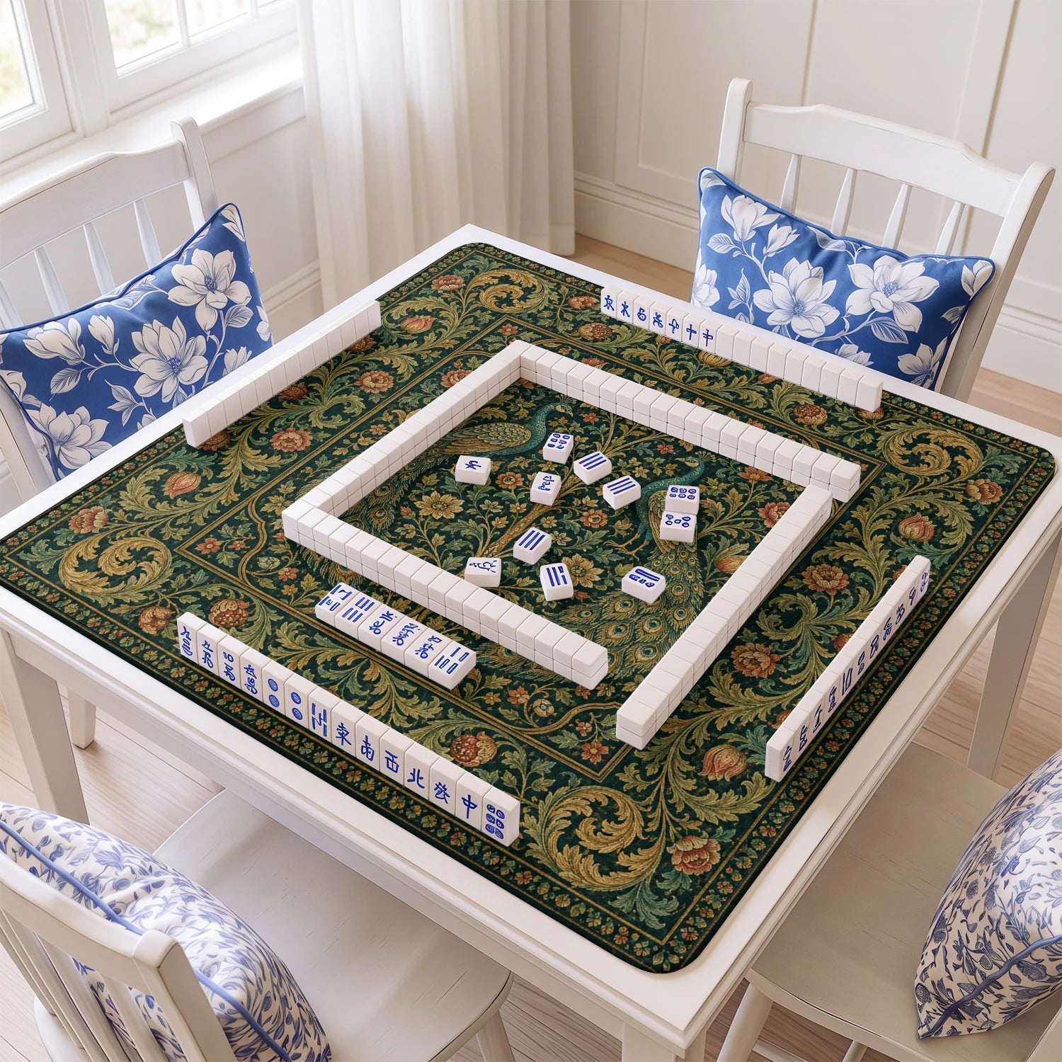Peacock Tapestry mahjong mat with tiles and racks on the table