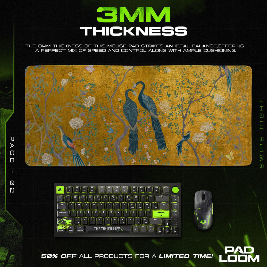 Peacocks Mouse Pad, Golden Garden Gaming Desk Mat