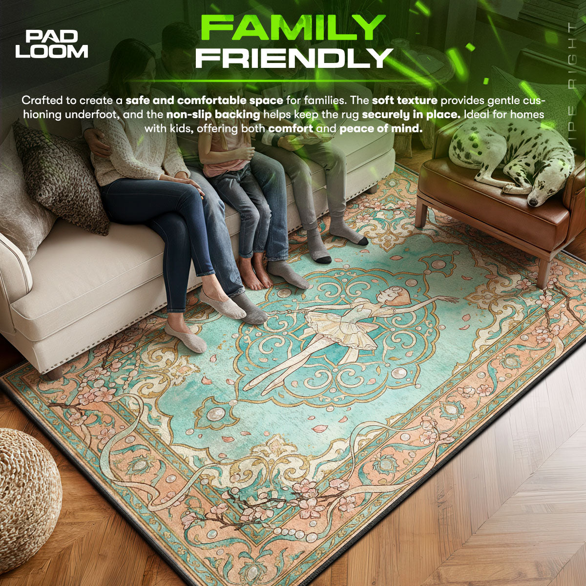 Pearl area rug showing full home decor artwork