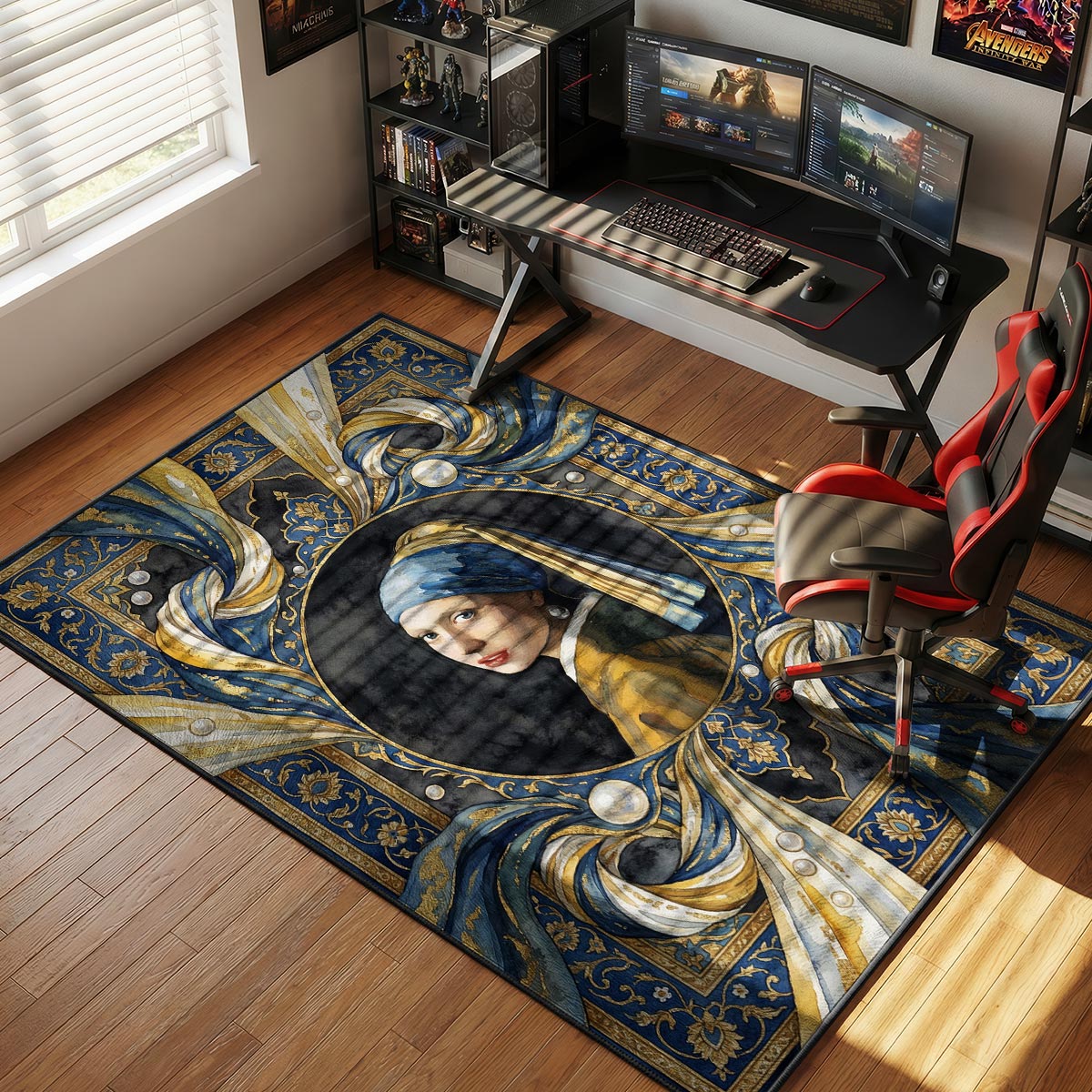 Pearl earring rug placed in a dark bedroom with velvet headboard and brass bedside lamp