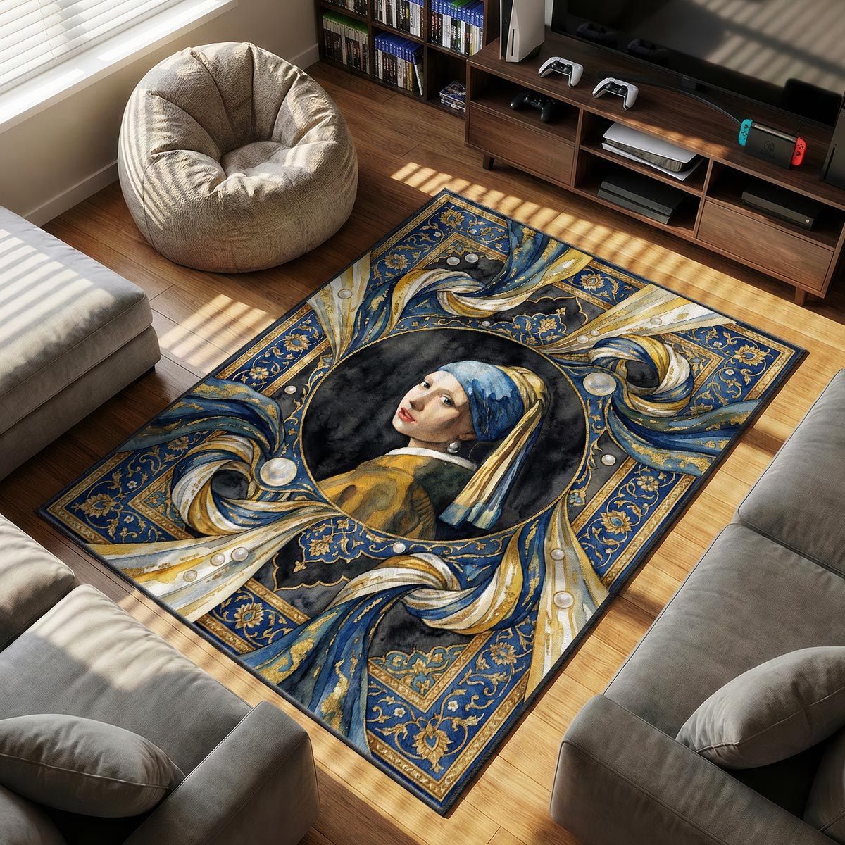 Close-up of pearl earring rug showing turban fabric detail and pearl highlight on velvet surface