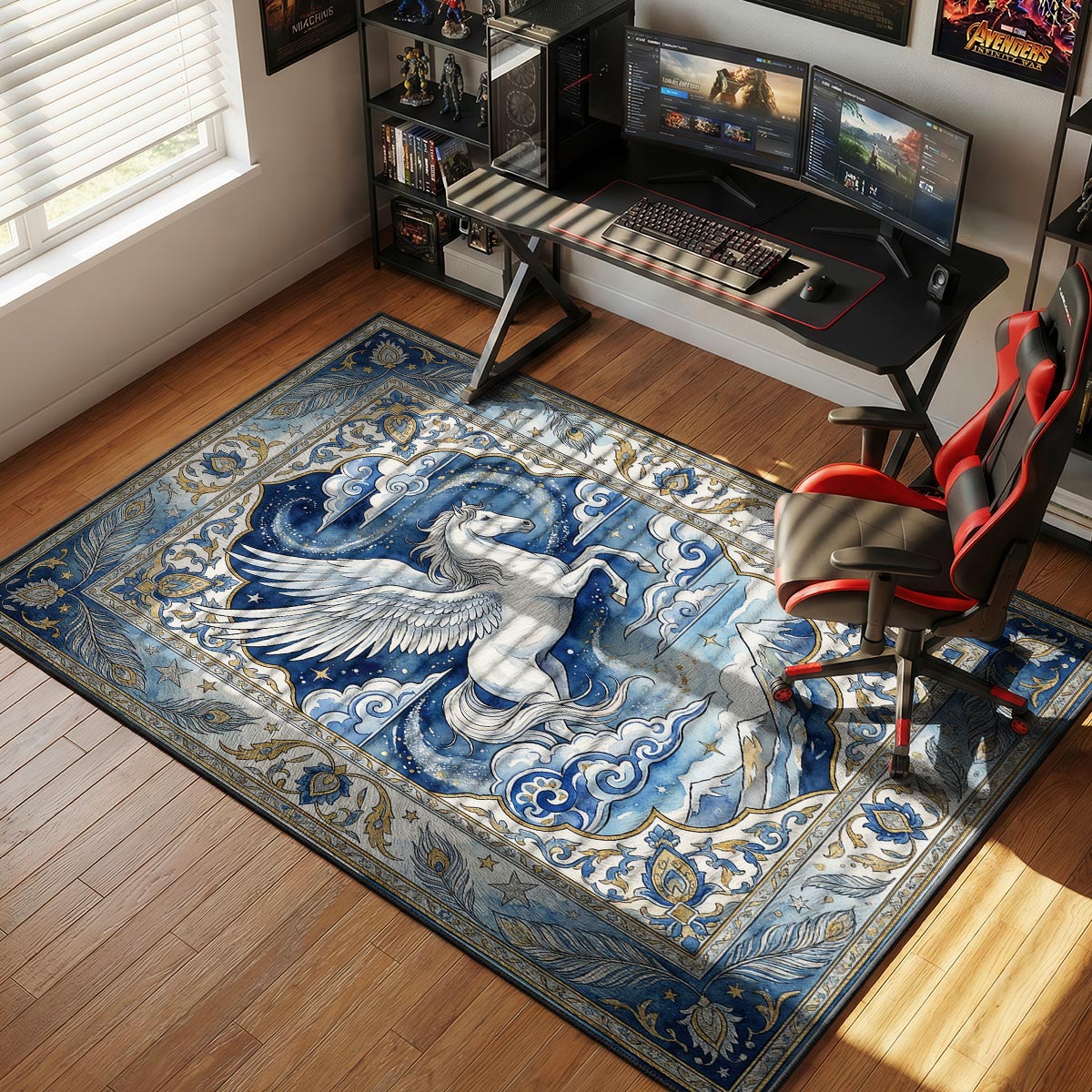 Pegasus night sky rug placed in a serene blue bedroom beside a white bed and reading lamp